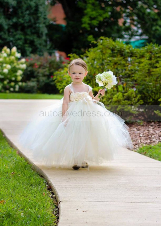 Ivory Tulle Wedding Flower Girl Dress With Flowers